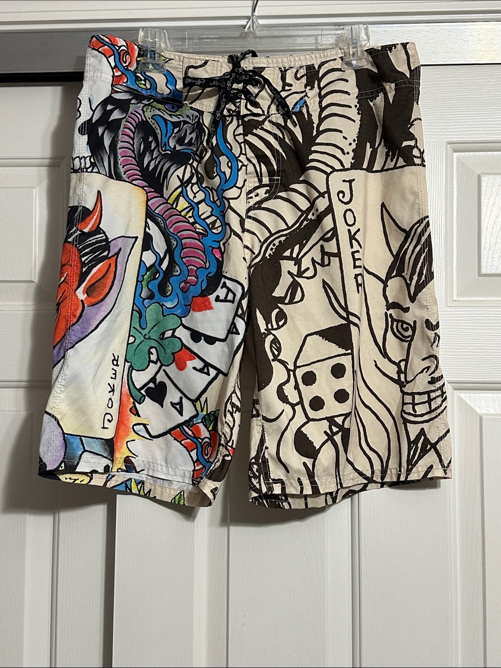 Ed Hardy Y2K Vintage Pray for Surf Joker Graphic Board Shorts
